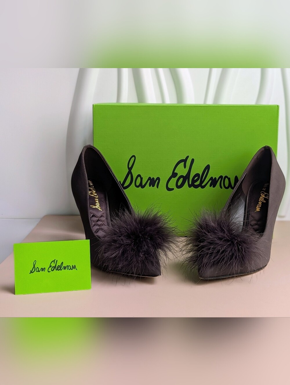 NWT Sam Edelman Hazel Feather Embellished Pumps Cocoa Satin Size 8 MSRP $165 - Picture 4 of 14
